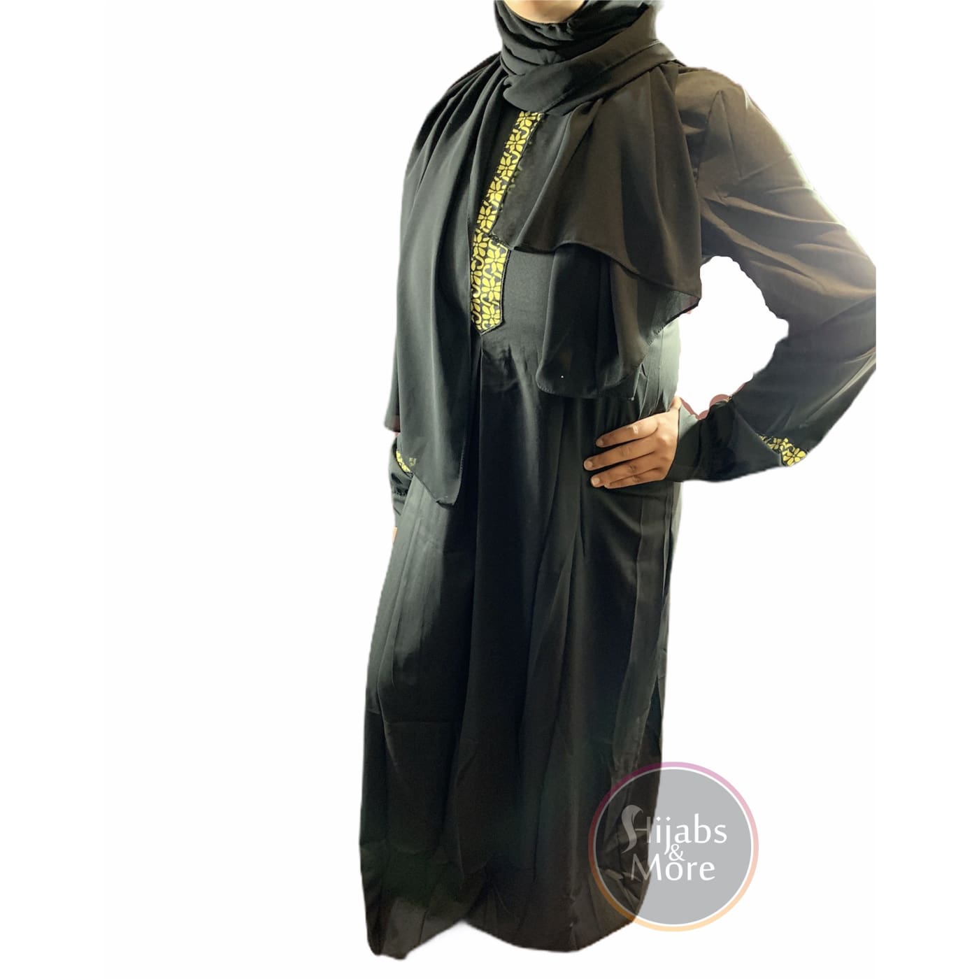 Printed Plain Long Sleeve Abaya - Black - Large - Abaya